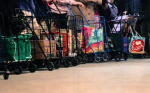 A row of filled senior shopping carts.