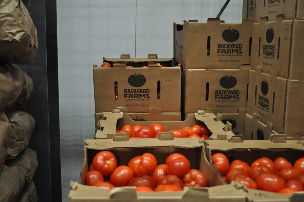 Backyard Farms boxes of tomatoes in the GSFB warehouse.
