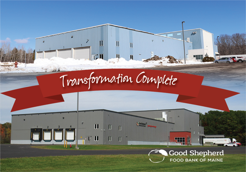 Old Bangor Daily News building vs. the newly completed Good Shepherd Food Bank Hampden Distribution Center, with a ribbon that reads "Transformation Complete."
