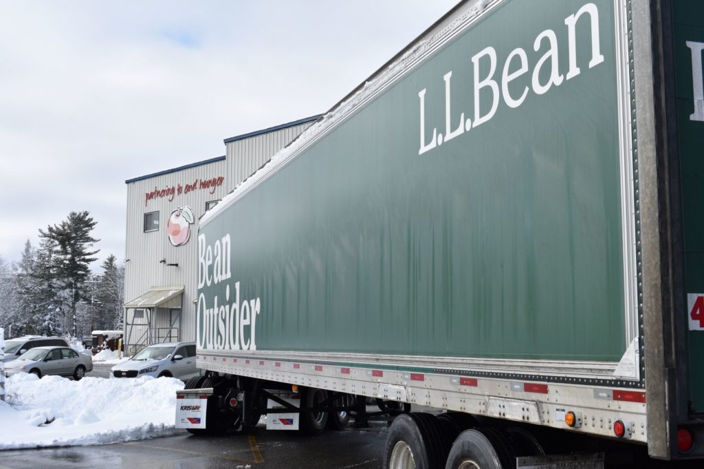An LL Bean truck waits to pick up food from the Auburn Distribution Center.
