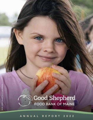 Cover of 2022 Annual Report - Good Shepherd Food Bank of Maine. Girl with apple.