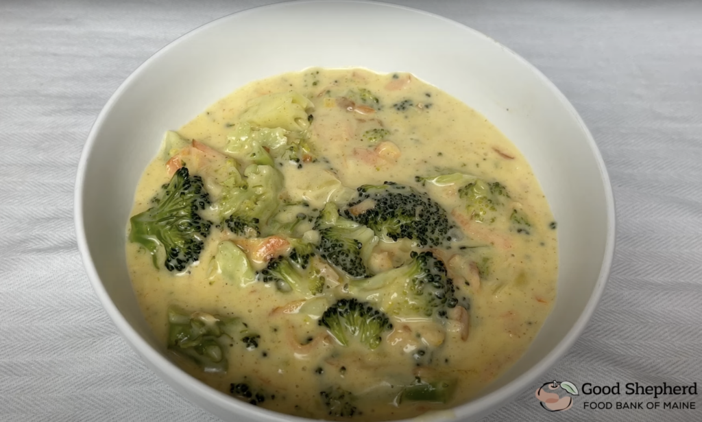 A screenshot of broccoli cheddar soup, taken from the Recipes playlist on the Good Shepherd Food Bank YouTube channel