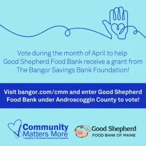 Blue graphic promoting voting in April to help Good Shepherd Food Bank win a grant; includes instructions and nonprofit logos at the bottom.
