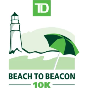 Logo with a lighthouse, green umbrella, and TD at the top. Text below reads BEACH TO BEACON 10K.