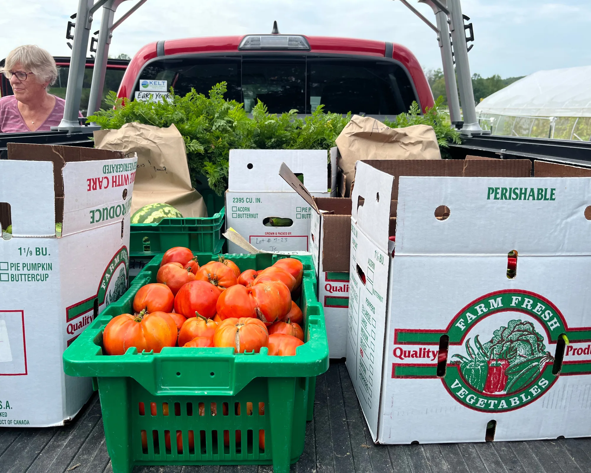 A truck bed filled with boxes of fresh vegetables, including a green crate of tomatoes, with a woman standing nearby.