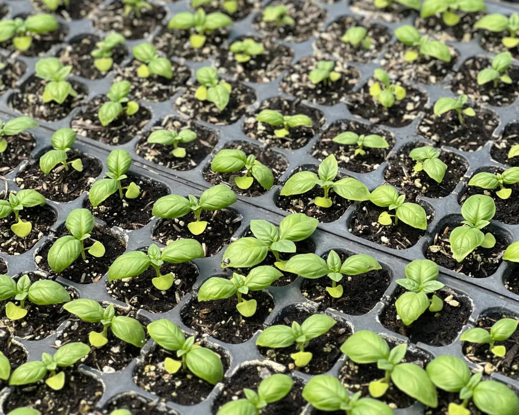 Small green seedlings growing in rows of black plastic seedling trays filled with soil. The young plants have several broad leaves each.