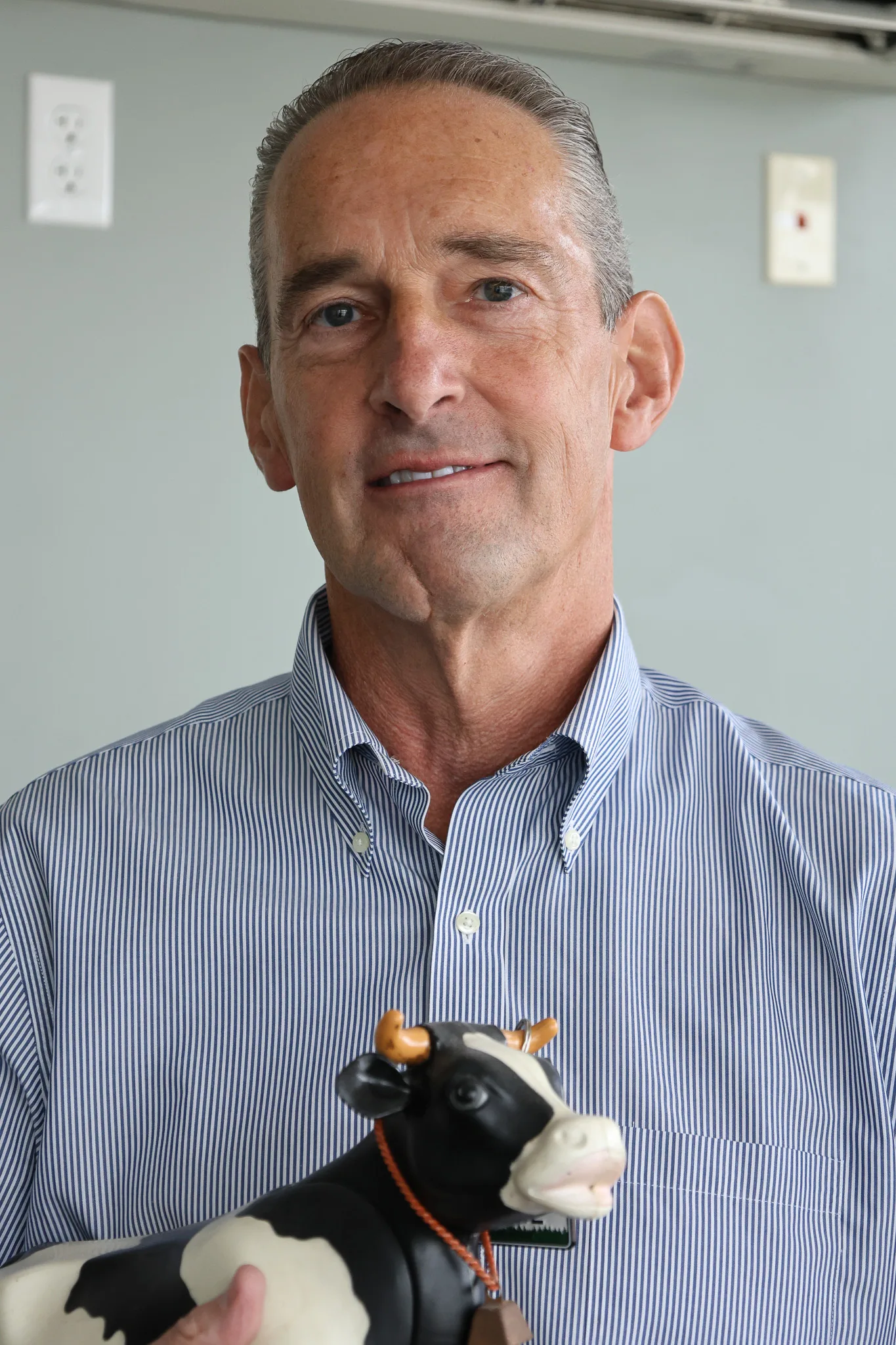 A man in a striped shirt holds a small black and white toy cow, smiling softly in front of a gray wall with electrical outlets.