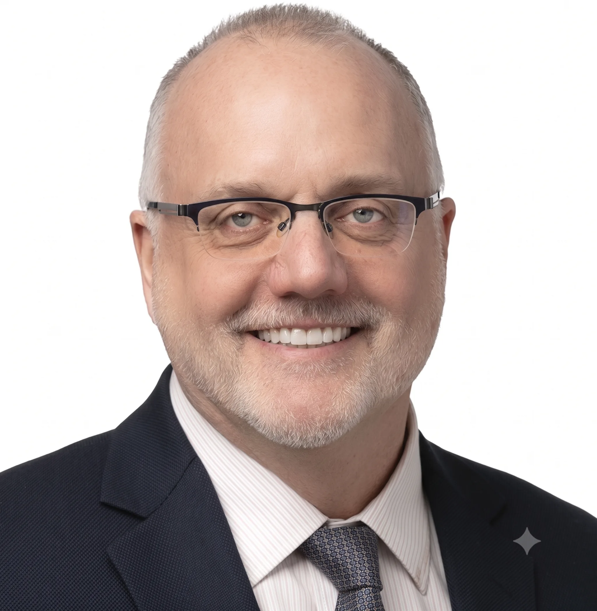 Smiling middle-aged man with glasses, short light hair, and a trimmed beard, wearing a dark suit, light shirt, and patterned tie, on a white background.