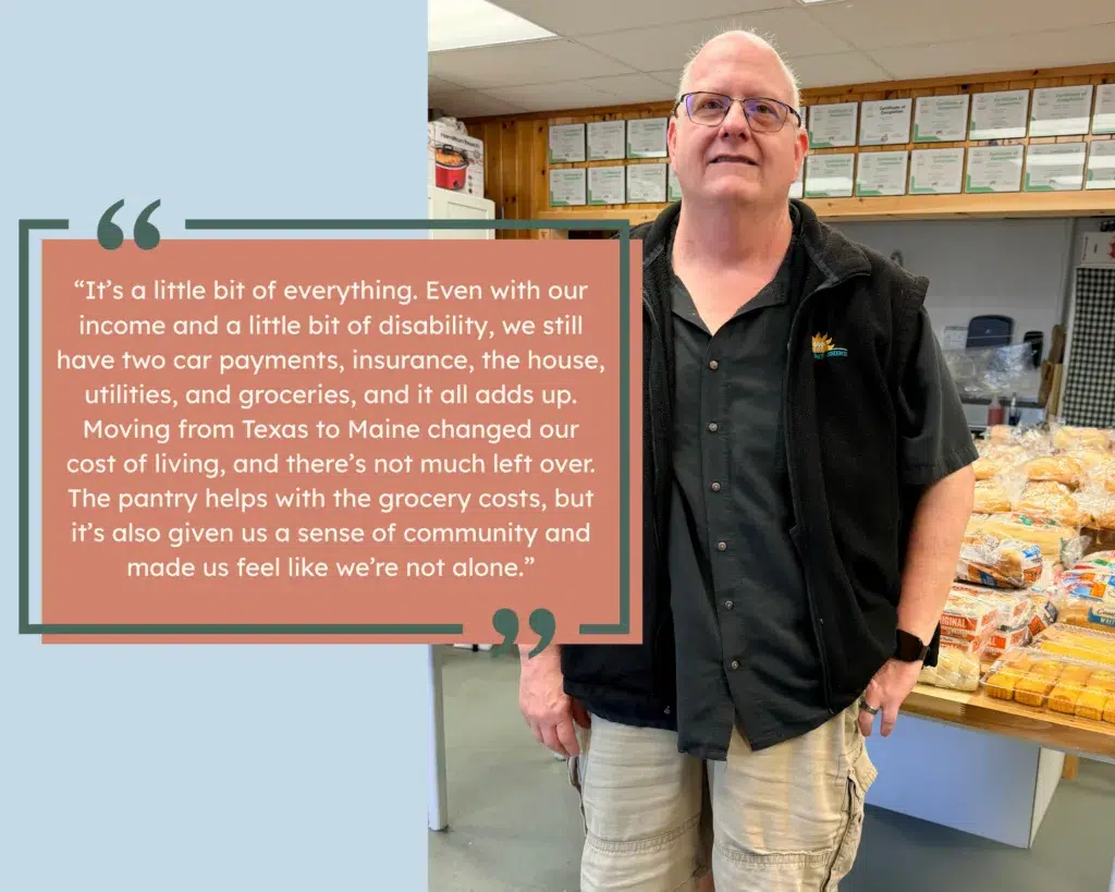 A man standing inside a food pantry, smiling, with shelves of bread behind him. A quote about food pantry benefits appears beside him in a colored text box.