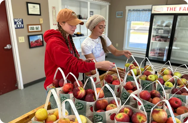 Two people stand indoors sorting bags of apples on a table, with a refrigerator and window in the background.