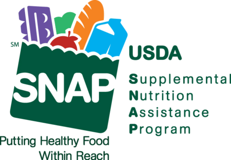 A grocery bag with SNAP logo, food items, and USDA Supplemental Nutrition Assistance Program text, promoting access to healthy food.